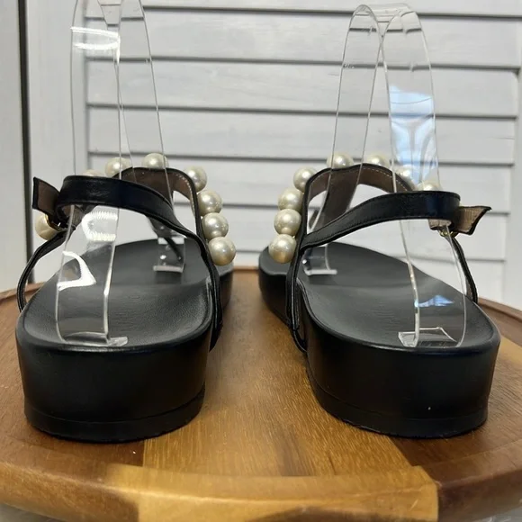 STUART WEITZMAN l Goldie Pearly Leather Flat Strap Sandal Black Leather Size 7 - Picture 7 of 15